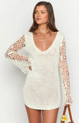 Amlee White Crochet Long Sleeve Mini Dress