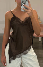 Ziva Brown Satin Lace Asymmetrical Top
