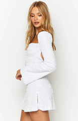 Marienne White Velvet Sequin Long Sleeve Mini Dress