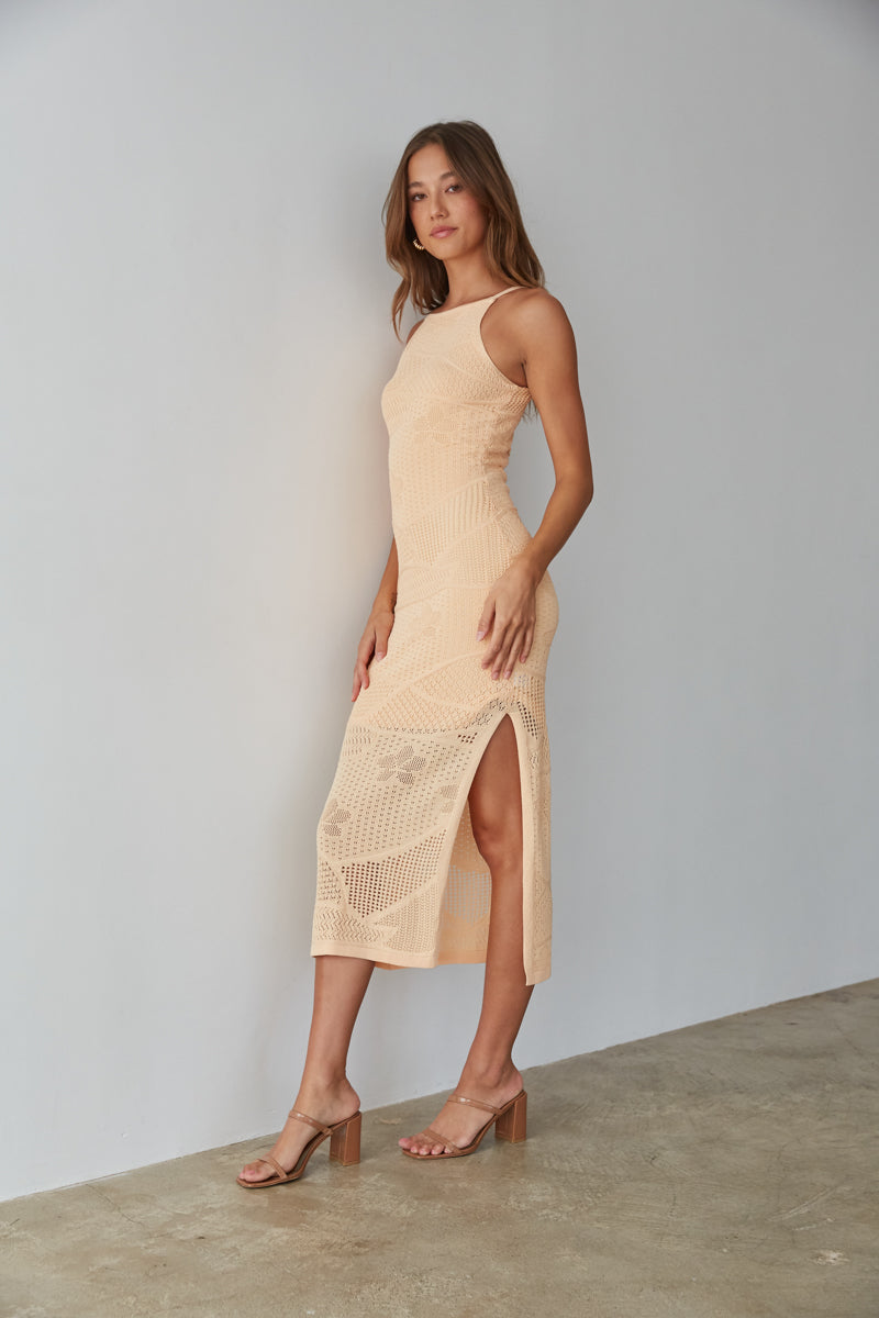 Keilani High Neck Open Knit Midi Dress