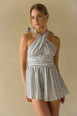 Solene Striped Linen Halter Romper