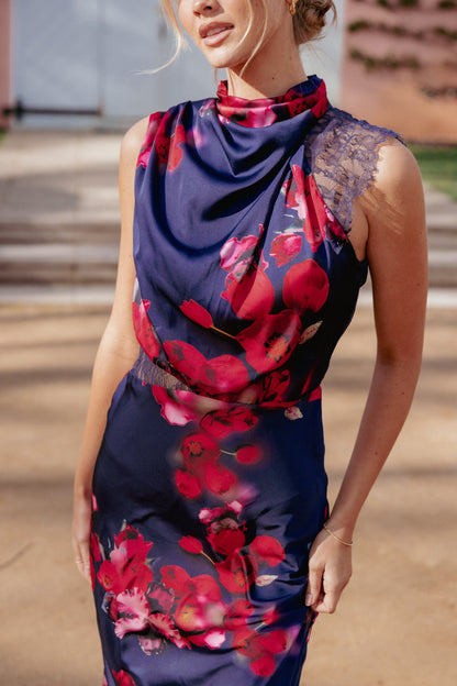 Anabelle Halter Neck Lace Maxi Dress - Navy Floral