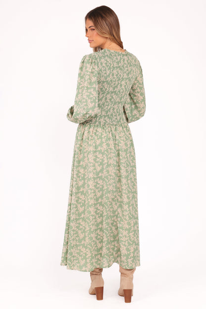Ashara Long Sleeve Midi Dress - Green Floral