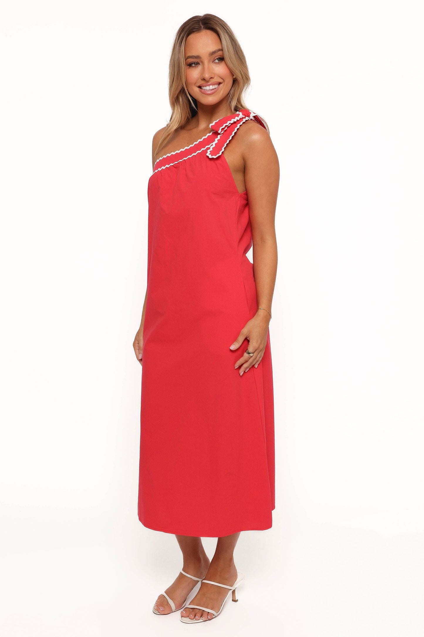 Brynlee One Shoulder Midi Dress - Red/White