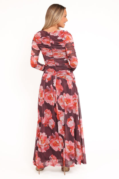 Calypso Long Sleeve Maxi Dress - Burgundy Peony