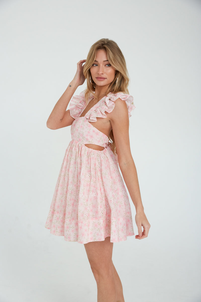 Cara Floral Eyelet Flutter Sleeve Babydoll Mini Dress