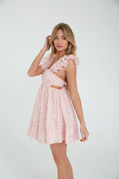 Cara Floral Eyelet Flutter Sleeve Babydoll Mini Dress