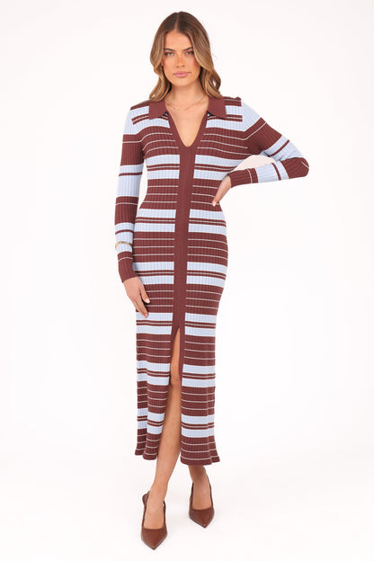 Eliana Long Sleeve Midi Dress - Brown Blue Stripe