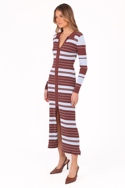 Eliana Long Sleeve Midi Dress - Brown Blue Stripe