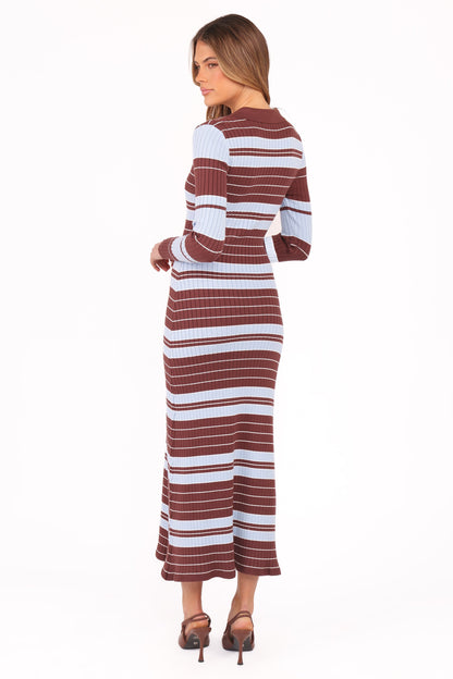 Eliana Long Sleeve Midi Dress - Brown Blue Stripe
