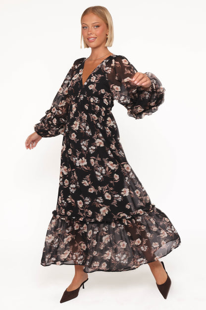 Evian Long Sleeve Maxi Dress - Black Floral