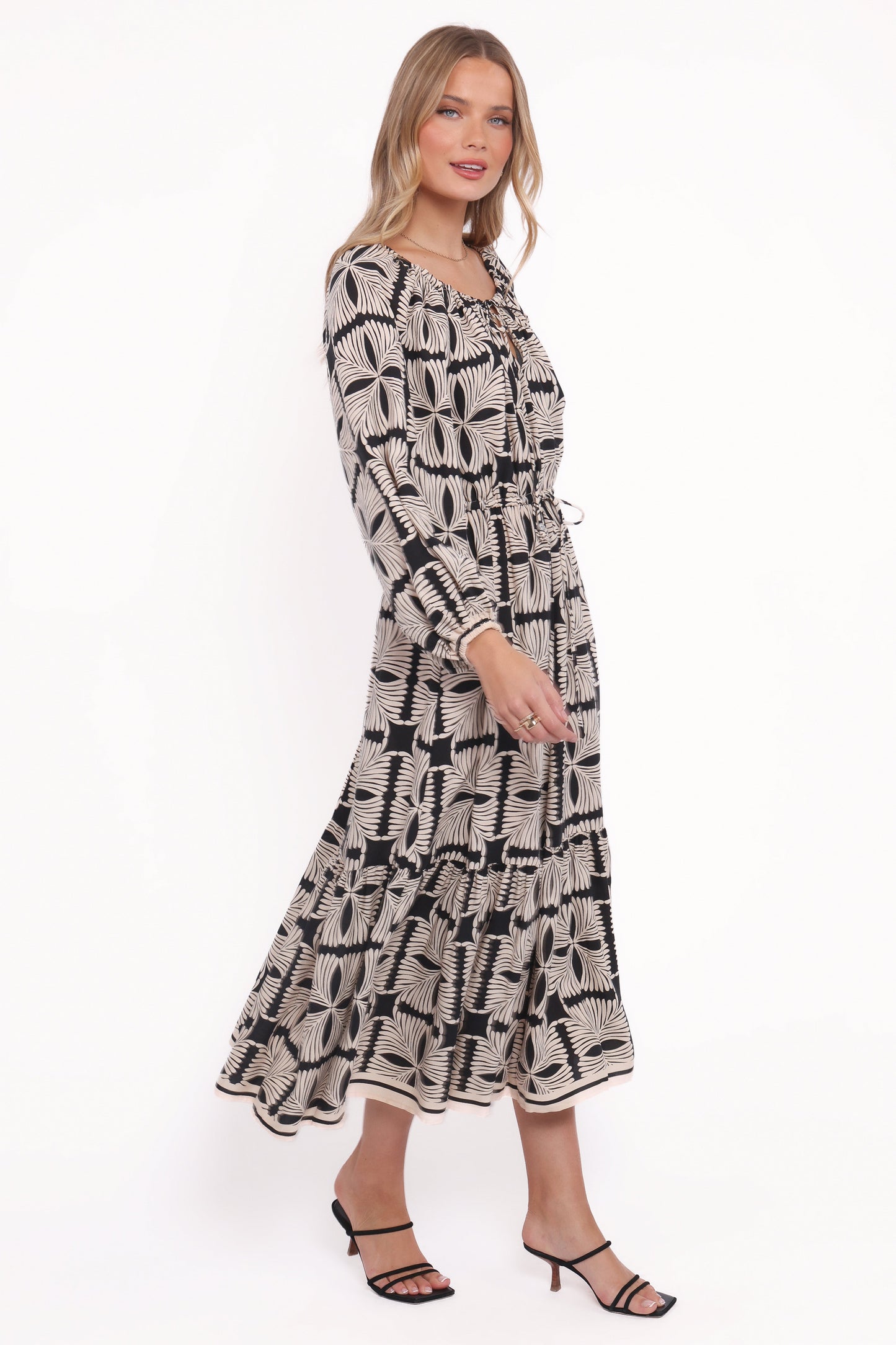 Faris Off Shoulder Midi Dress - Black Geo