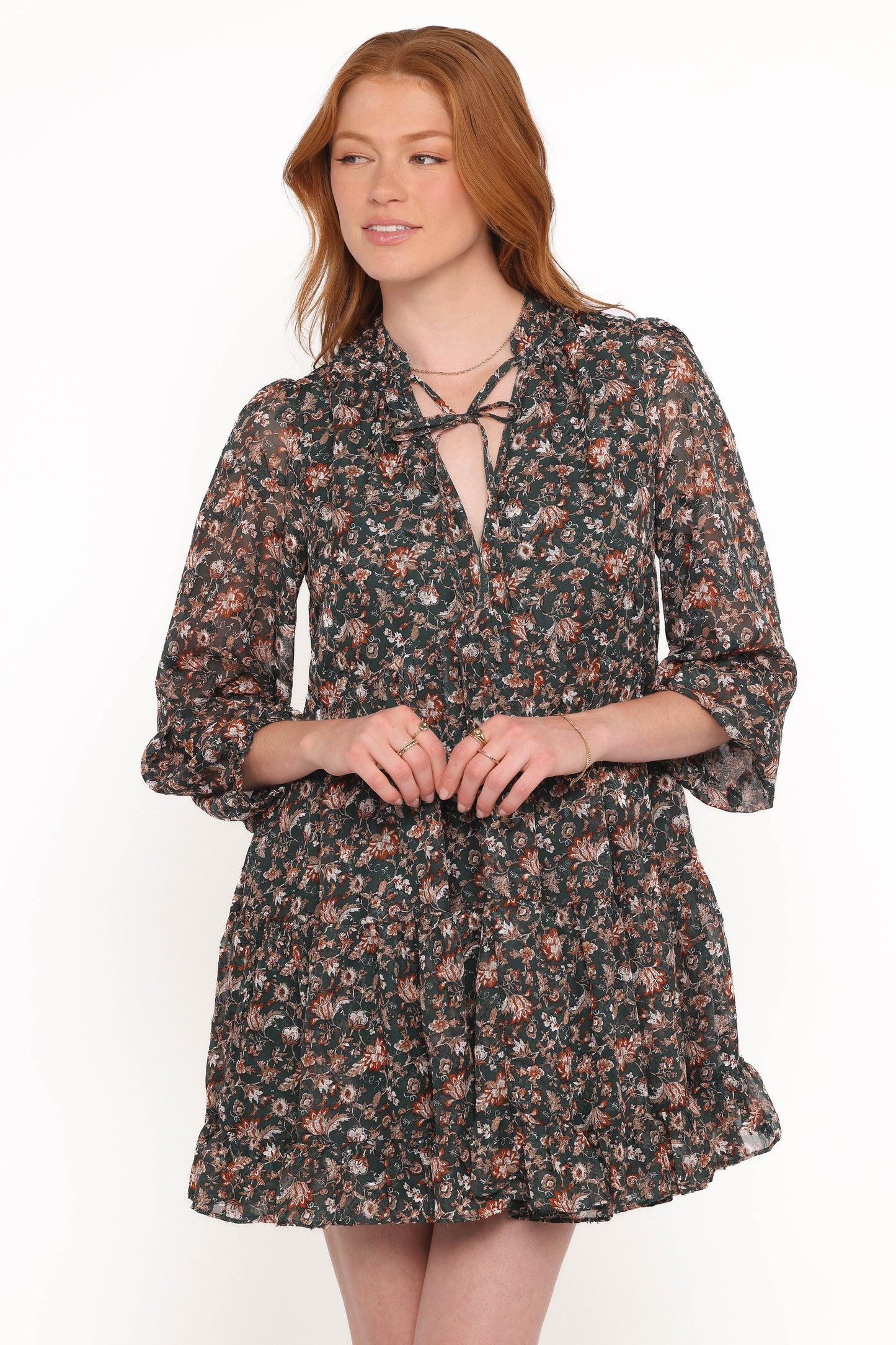 Jinny Long Sleeve Mini Dress - Dark Green/Multi