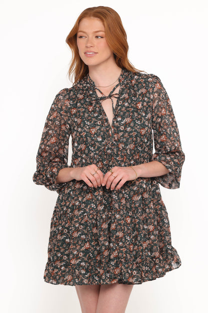 Jinny Long Sleeve Mini Dress - Dark Green/Multi
