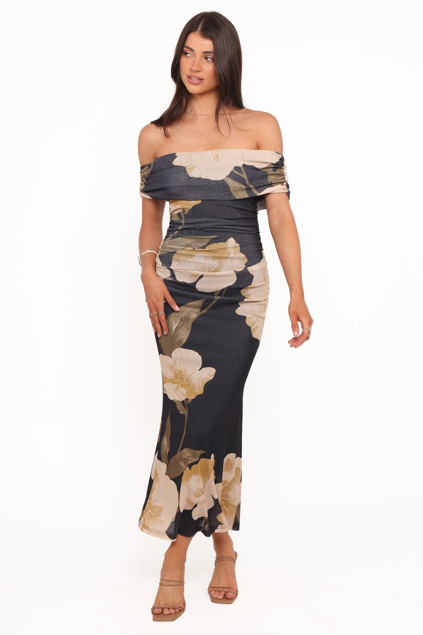 Koda Off Shoulder Midi Dress - Black Floral
