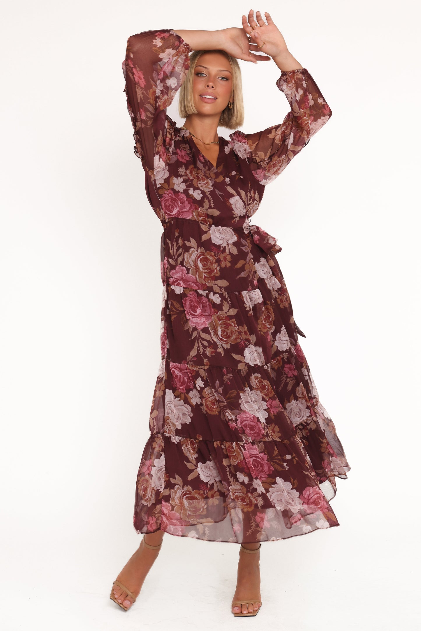 Korina Long Sleeve Maxi Dress - Burgundy Brandy Bloom