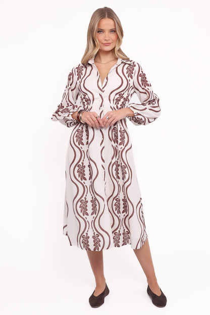 Lira Long Sleeve Midi Dress - Brown Print