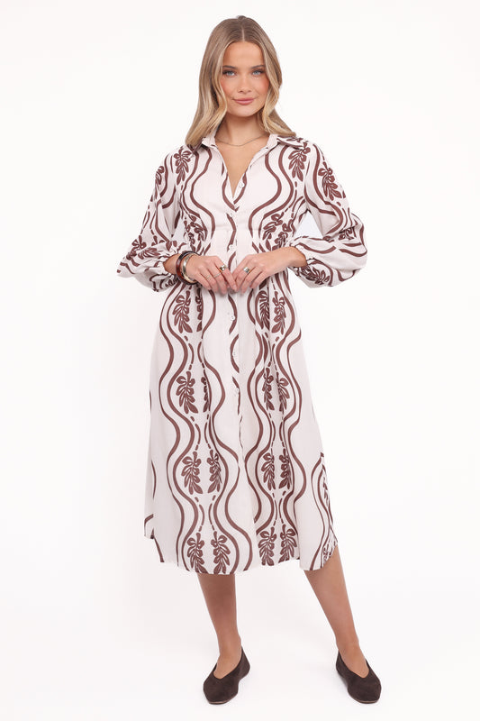 Lira Long Sleeve Midi Dress - Brown Print