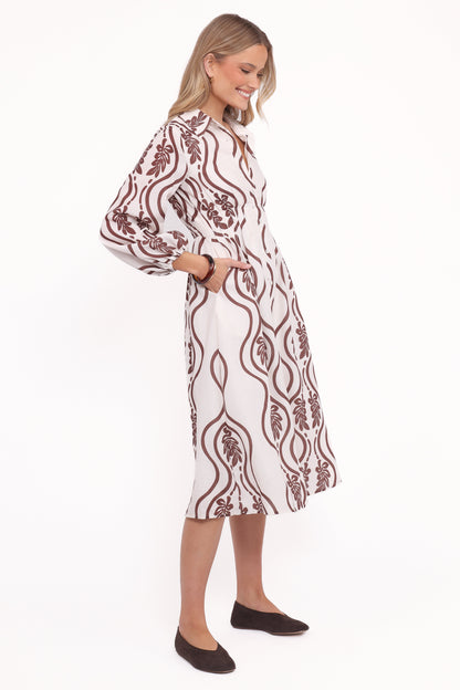 Lira Long Sleeve Midi Dress - Brown Print