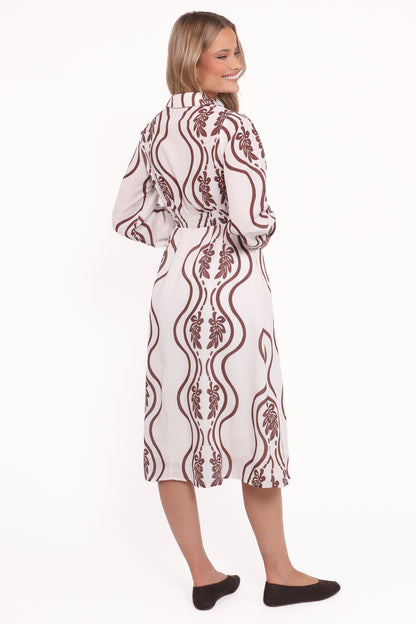 Lira Long Sleeve Midi Dress - Brown Print