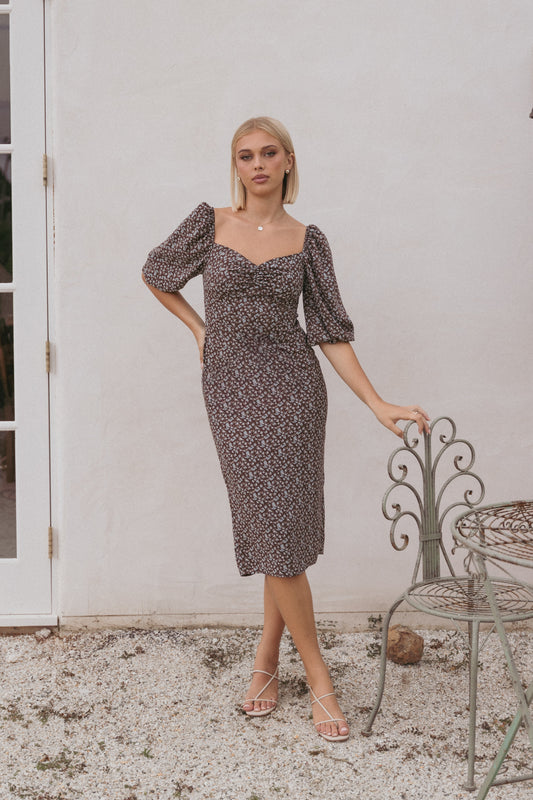 Oona Midi Dress - Brown Blue Floral