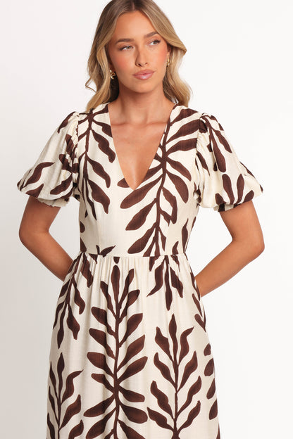 Steele Puff Sleeve Midi Dress - Brown Palm
