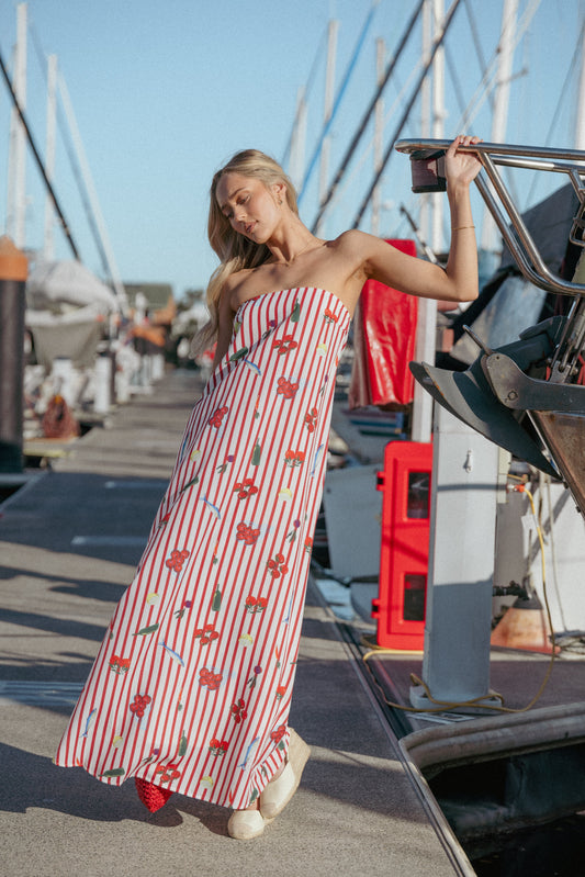 Soph Strapless Maxi Dress - Red Picnic Stripe
