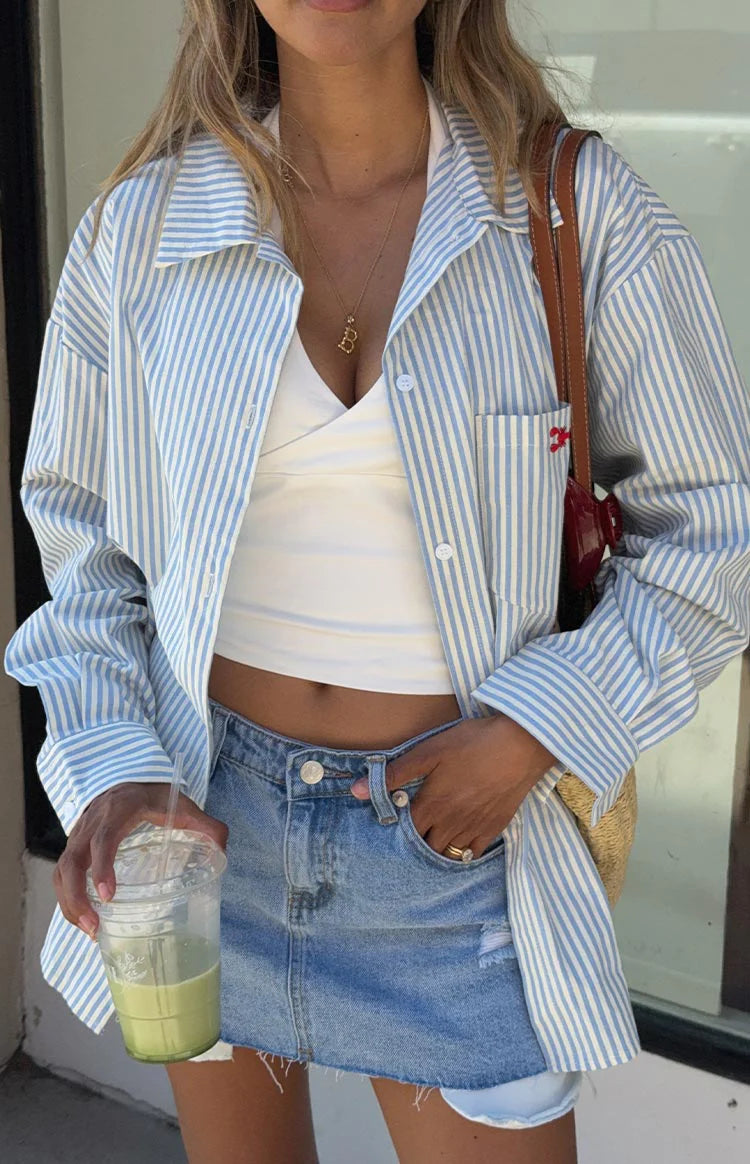 Lola Blue Stripe Embroidered Button Up Shirt