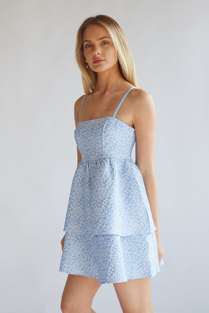 Eileen Floral Jacquard Tiered Babydoll Mini Dress
