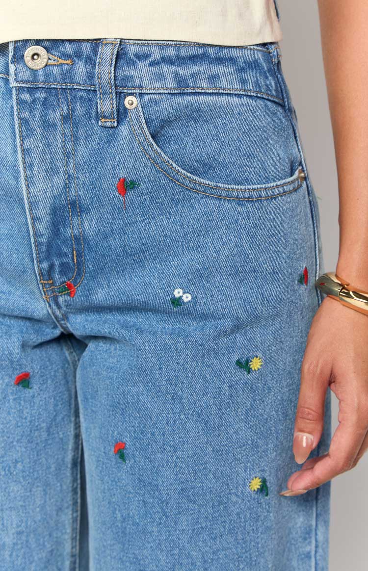 Kansis Blue Embroidered Uneven Waist Jeans