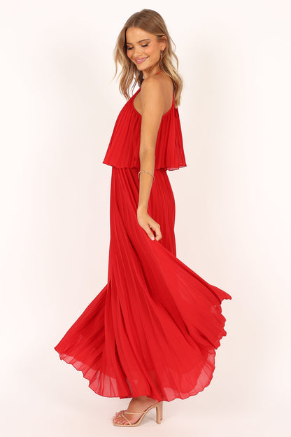 Gia Pleated Halterneck Maxi Dress - Red